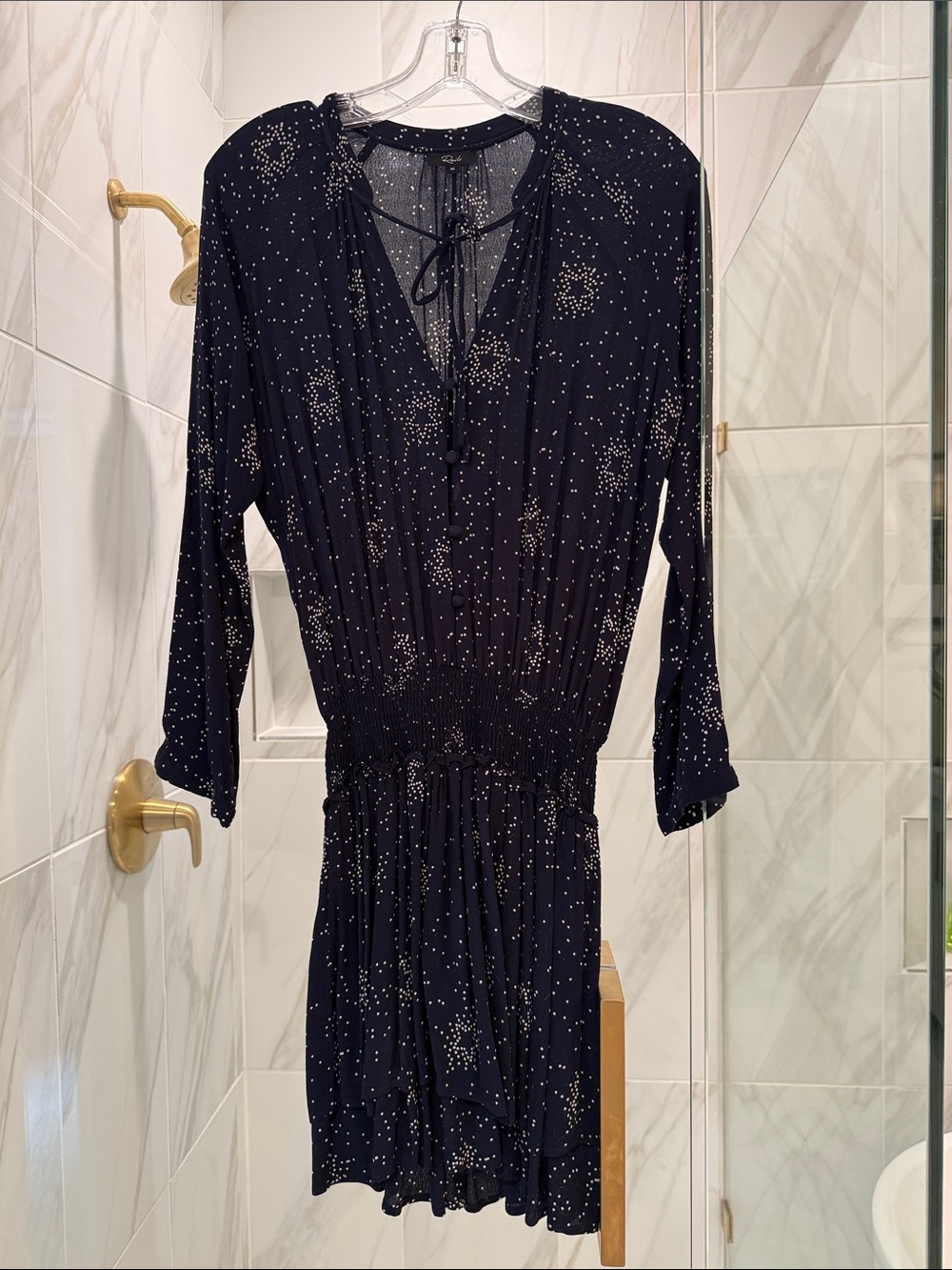 Rails Navy Star-Print Long Sleeve Tie-Neck Dress